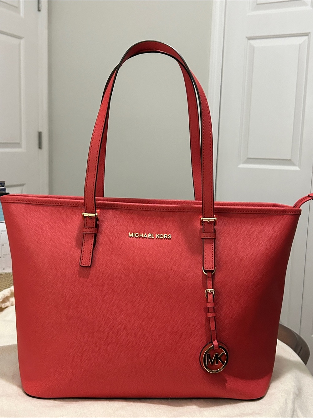 Michael Kors Coral Red Saffiano Jet Set Tote with Gold Hardware